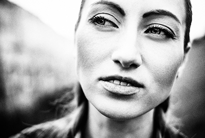 Close up of a female face in black and white